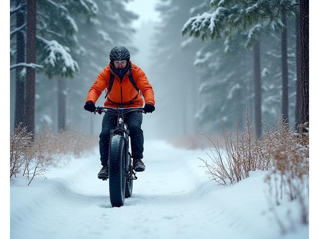 Cyclist riding through a snowy forest with winter gear