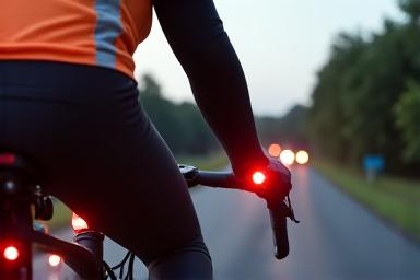 Cyclist wearing a helmet and reflective vest at dusk